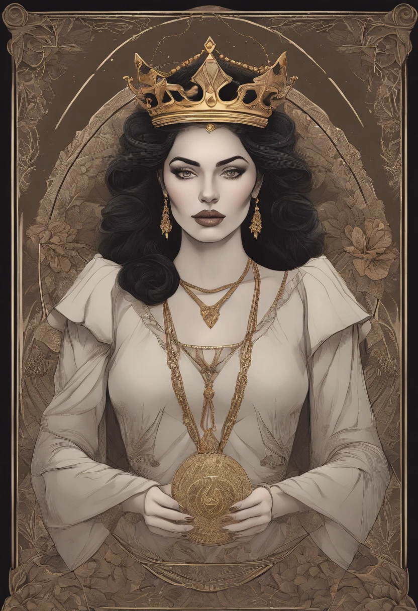 three queen,triad ,tarot card, chiaroscuro technique on sensual illustration of an 3 queen of pentacle, vintage 3 queen, earthy eerie, matte painting, by Hannah Dale, by Harumi Hironaka, extremely soft colors, hint of gold vibrant, highly detailed, digital artwork, high contrast, dramatic, refined, tonal, highest quality,anatomy correct,ultra-wide-angle,depth of fields. Holding the pentacles