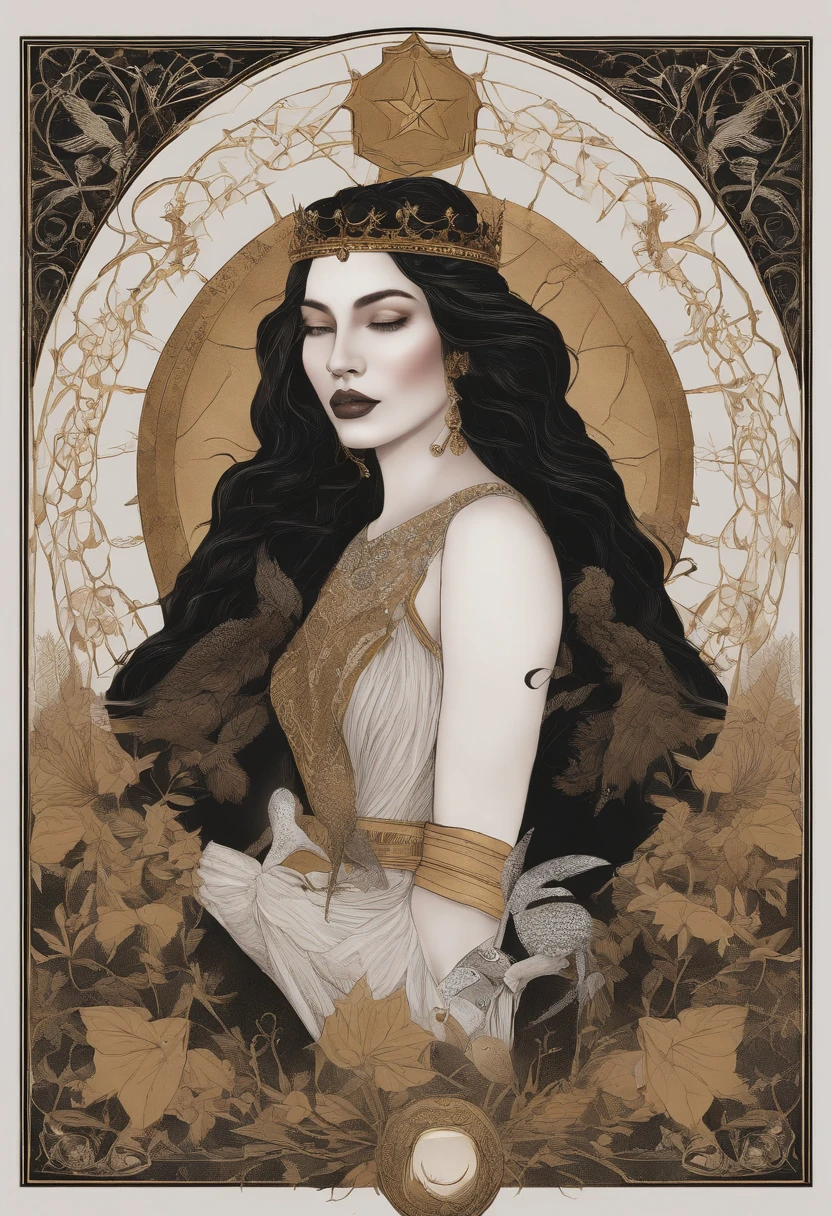 three queen,triad ,tarot card, chiaroscuro technique on sensual illustration of an 3 queen of pentacle, vintage 3 queen, earthy eerie, matte painting, by Hannah Dale, by Harumi Hironaka, extremely soft colors, hint of gold vibrant, highly detailed, digital artwork, high contrast, dramatic, refined, tonal, highest quality，anatomy correct，ultra-wide-angle，depth of fields. Holding the pentacles