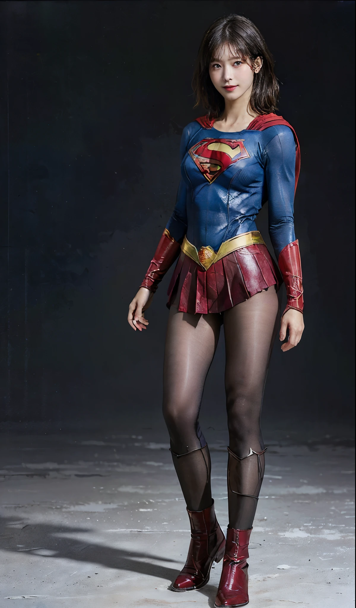 No background、(((Beautiful legs in black tights.)))、(((Legally express the beauty of your smile)))、((((Make the most of your original images)))、(((Supergirl Costume)))、(((beautiful short bob hair)))、(((suffering)))、(((Please wear black tights....、Wear red boots)))、((Best image quality、8K))、((highest quality、8K、masterpiece:1.3))、(((keep background )))、Sharp focus:1.2、Beautiful woman with perfect figure:1.4、Thin abdominal muscles:1.2、Wet body:1.5、Highly detailed face and skin texture、8K