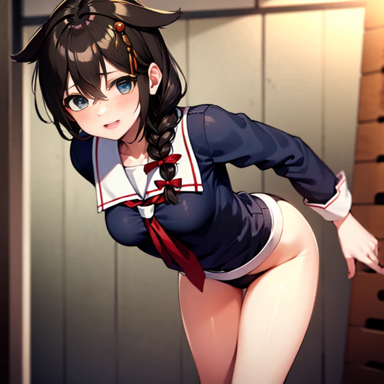 good, Wet, From below、From the back、Small breasts、Embarrassing、 、View from the rear、gym storeroom、(masterpiece, best quality:1.2), illustration, 8k, hd, 1girl, solo), long hair, single braid, shigure, ahoge, brown hair, blue eyes, braid, hair ornament, hair over shoulder, long hair, single braid, hair flaps, black gloves, black serafuku, black shirt, black skirt, fingerless gloves, gloves, neckerchief, pleated skirt, red neckerchief, sailor collar, , serafuku, shirt, skirt, white sailor collar, gym storeroom