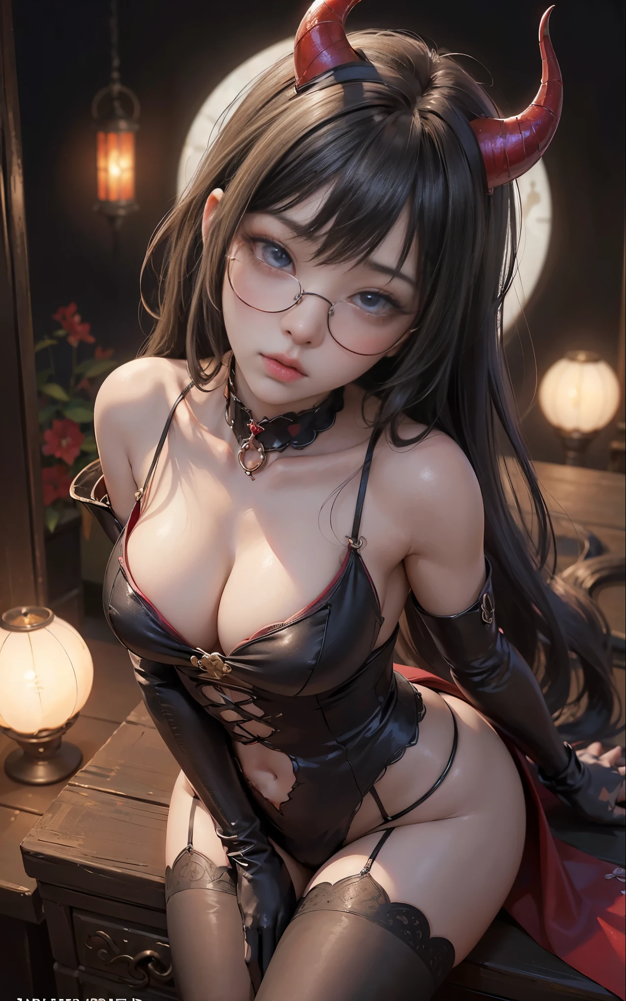 Understoodですかですか、(Best illustrations)、8K UHD resolution、intricate details、highest quality、Realistic、Super detailed、Best lighting、Best Shadow、Soft lighting、Ultra HD、超Realistic、Tyndall effect、Photorealistic、(high detail skin:1.2)、 (intricate details, Compensate, Face to face with the children_v1:0.5), (Understood, Beautiful and delicate face, Understoodですか, Beautiful and delicate eyes, perfectly balanced face, High Resolution Skins, Fine skin, Optimal ratio of four fingers to one thumb, put your arms under your chest, Red tattoo on lower abdomen、Wow!, Wide Hips, Smooth abdomen, thin and thin skin, __fashion__, __hair__:1.25)、Digital single-lens reflex camera、 Absurd、(Tabletop: 1.3), (Maximum resolution: 1.2), (Ultra HDTV: 1.2), Cinematic Light, Beautiful Eyes and skin, detailed facial features, , (Sharp focus: 1.2), (Focus on the face:1.2),Perfect Style, Beautiful Face, Acura, Anatomically correct, Highly detailed face and skin texture, Beautiful Eyes, double eyelid, Thin eyebrows, Glitter Eyeliner: 1 natural cheeks, Glowing Skin, Fair skin: 1.2, (glossy lips: 1.4),(Embarrassed look: 1.2),Highly detailed face and skin texture, Beautiful Eyes, double eyelid, natural cheeks, glossy lips: 1.4,Exposed cleavage、Fascinating。charm、 Beautiful devil woman from hell, デヴィッド・ホックニーとアルフォンス・ミュシャによる超Realistic女性の肖像画, charm女性の肖像画、Fantasy art, Chinese humanoid robot、Chinese actress、Dungeons、Dragon、devil'palace of、devil'torture chamber、night、Dark Style 、In the Dark、(detailed spooky background:0.8), magic、 1 girl、evil nun、dark necromancer、Succubus、devil'Daughter of、Shinonome Umi、Bat Wings,(((devil'Horn)))、 ((((giant glasses, Nerd Glasses, Thick glasses, Round Glasses)))),(((Big Breasts)))、(devil'tail)、(Red eyesは光り輝いて:1.6)、Red eyesは非常に鮮明で詳細です, your eyes are so beautifully made, ((Red eyes:1.0)),Intricate tattoos, demonic Intricate tattoos, thigh tattoo, Body tattoos, masterpiece、最もBeautiful Face、Baby Face、Cute Smile、Beautiful plump red lips、筋肉のcharm体、devilのcharm体、devil style、charmブラックマジックコスチューム、The long-haired、Braiding、Black hair、Ponytail distortion、, Ponytail with a bow tied at the back of the hair, Beautiful expression、Body Up、Big Breasts強調、bust, Super tight chest, Breast Augmentation Surgery, Breasts are very big and round,Tight waist、Wide ass、 secret key, Cowboy Lens, (Black Phoenix Dress: 1.0), devil crown, Red Gemstone Necklace、Jewelry G Wise, Please wear black mesh socks,Wearing pale red、Hmph, Hmph, Meeting beautiful girls, look at the girl'Main unit,