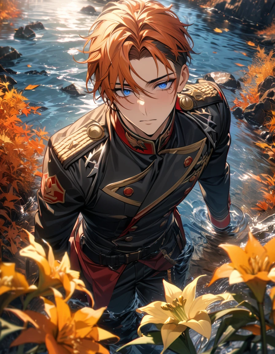 absurdres, highres, ultra detailed, HDR, master piece, best quality, extremely detailed face and eyes, Rio Mason Busujima, orange hair with a undercut, with bangs, expressive blue eyes, Hypnosis Mic, solo, sexy man, extremely handsome, military uniform, water, autumn, orange leaves, yellow lilies