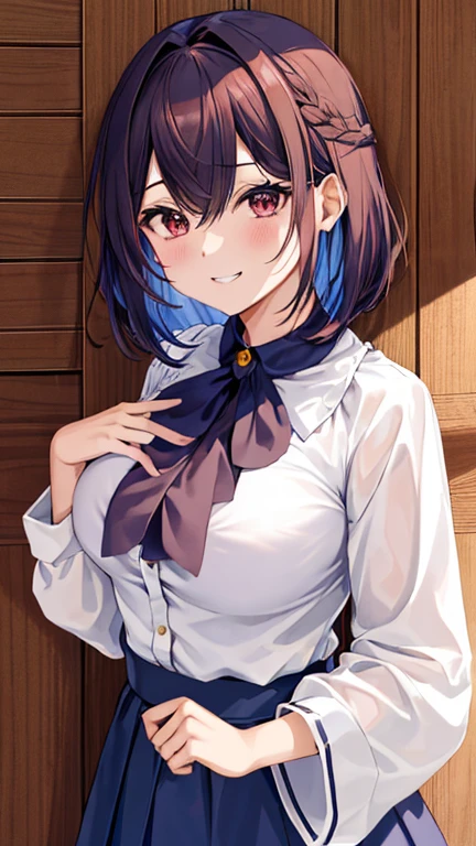 ((tetas colosales)), Hi-Nada, 1 chica en, Marl, solo, Daiwa escarlata(Umamusume), Trasen , muslo blanco, falda blanca, de dos colas, camisa de marinero, mangas cortas hinchadas, Cabello muy largo, By the chestnut, adorno de herradura, cuello marinero, camisa morada, ingesta de cabello, una minifalda, tiarra, colmillo, akame, flequillo, cara sonriente