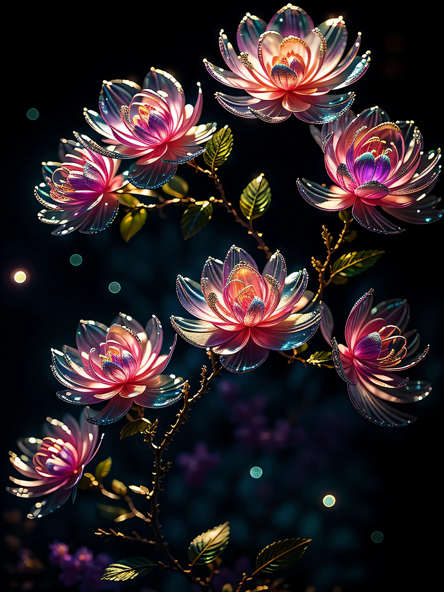 Delicate lilac branches, Ultra-transparent, holy Light, beautiful spectral Light, Petal Hair Light, Close up of a flower with a star in the background,Flash, Dark background, drops of transparent Light, reflective Light, bright, Light streaming in, Lightology, Portrait Profile, Sharp focus, magic, Wheels within wheels, Surreal, fantasy, work, Light, Trending on artstation, pearl, Silver Steam Guardian Cloud, Corrosion Envelope Ray Family, 8k, ureal ar 23v4 upLight