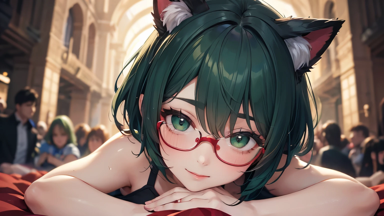 highest quality,wonderful,masterpiece,delicate,ultra high resolution,Super detailed,intricate details,beautiful,8K resolution,(Highly detailed CG Unity 8K wallpaper),sharp focus、anime、fiction、one woman、dark green hair、short hair、Cat ear、Green Eyes、red glasses、Face close-up、Highlight the face、Upper breasts、valley、I can see your shoulders、elastic milk、Vibrant Hair、Shaggy hair、Messy Hair、Vibrant Skin、Glowing Skin、 sexy、ta、Short、Young、Beautiful Eyes、happiness、Pleasure、smile、woman of the masses、Lots of women around、Thousands of women around her grab her breastasterpiece、highest quality、very detailed、molestation、crowd surfing、very realistic face、very realistic eyes、There is a very large group of women around her.、squeezed the breastasterpiece、highest quality、very detailed、1 girl、women around her、aperture body、Be beaten、beautiful feet、