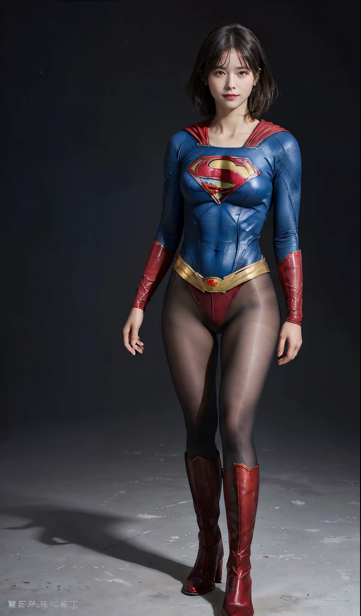 No background、(((Beautiful legs in black tights.)))、(((Legally express the beauty of your smile)))、((((Make the most of your original images)))、(((Supergirl Costume)))、(((beautiful short bob hair)))、(((suffering)))、(((Please wear black tights....、Wear red boots)))、((Best image quality、8K))、((highest quality、8K、masterpiece:1.3))、(((keep background )))、Sharp focus:1.2、Beautiful woman with perfect figure:1.4、Thin abdominal muscles:1.2、Wet body:1.5、Highly detailed face and skin texture、8K