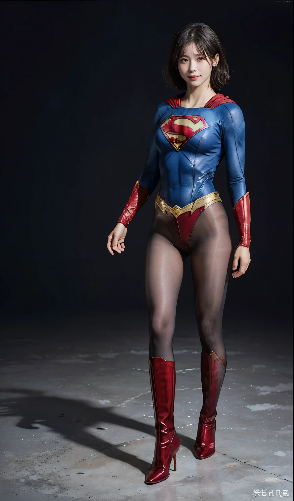 No background、(((Beautiful legs in black tights.)))、(((Legally express the beauty of your smile)))、((((Make the most of your original images)))、(((Supergirl Costume)))、(((beautiful short bob hair)))、(((suffering)))、(((Please wear black tights....、Wear red boots)))、((Best image quality、8K))、((highest quality、8K、masterpiece:1.3))、(((keep background )))、Sharp focus:1.2、Beautiful woman with perfect figure:1.4、Thin abdominal muscles:1.2、Wet body:1.5、Highly detailed face and skin texture、8K