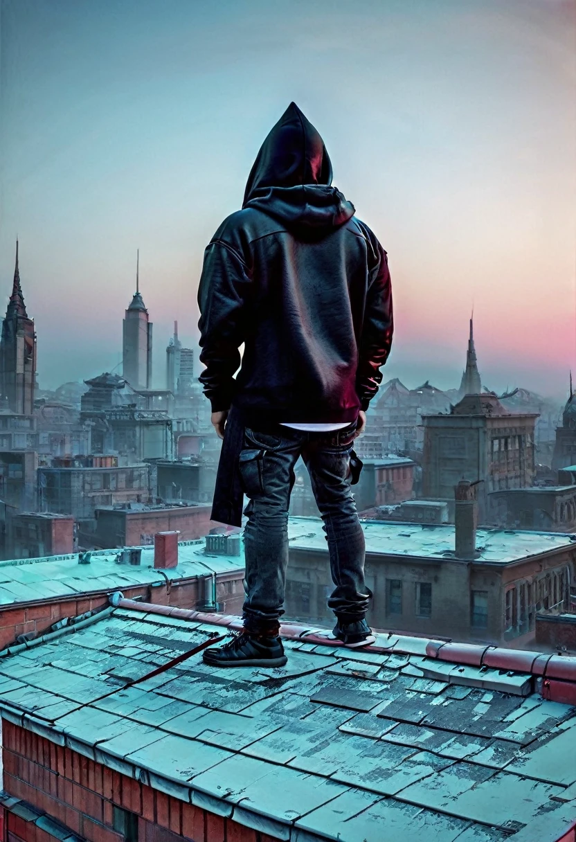 long shot, ((best quality)), ((Masterpiece)),((Person Standing on Roof with Back to Camera Wears Hood:1:5)), Colorful Sunset:1.4, City with Skyscrapers, Landscape background, )), (very detailed body and face:1.3), 3D, beautiful (cyberpunk:1.3), ((with weapons in his hands) ), (((Futuristic Mad Max movie style background))), ((( pink and cyan neon lights at night) )), night image, at night, 32K