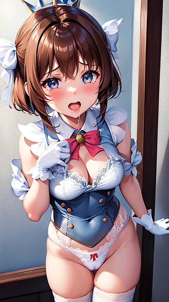 masterpiece, highest quality, High resolution, kinomoto sakura, One girl, brown hair, short hair, antenna hair, Ahoge, Crown, Green Eyes, White Dress, No sleeve, White gloves,Retention Staff, smile, Open your mouth, Cowboy Shot, blue sky,Cane,A lot of semen on the faceが垂れている、A lot of semen drips onto my face、Sobbing、Crying face、Sad look、Tears flow、A lot of semen on the face、Semen dripping from her mouth、Semen dripping from my mouth、Covered in semen all over the face、Semen dripping on hair、A lot of semen on the faceが垂れている、Facial、A large amount of semen is dripping on the face、Semen was splashed on my face、Semen is ejaculated forcefully from the man's penis and splashed on the girl's face、Adult female、The exact number of fingers、Exact number of legs、Exact number of arms、bangs, Ribbon Ponytail, brown hair, (blush:1), (Put one hand in your panties:1.8), Fingering, (Pussy juice:1.2), Cum in mouth, (A woman is holding and trying to suck the penis of a man standing next to her:1.5)、white and navy idol costume、The costume comes with a navy blue idol-style corset.., The costume has a ribbon attached to its collar..、It is a costume that covers up to the shoulders., side, upper arm, and arms., That costume only opens wide at the chest..、Knee-high socks、white idol style skirt, (Underwear with elaborate and luxurious decorations:1.3), Ribbon at collar., (White and pink panties with lots of lace:1.3), White Lace Bra:1.2), Sexy Underwear, Knee socks、 Beautiful big breasts, (Erect nipples:1), Her skirt is flipped up、highest quality, High resolution, (Fine and beautiful eyes:1.6), Highly detailed face, Perfect lighting, Highly detailed CG, (Perfect hands, Perfect Anatomy),Embarrassed expression、The expression of someone who is holding back from going to the toilet, (Sexual pleasure expression:1.4), (Expressions of anguish:1.2)、close your eyes、sexy look、Look Up、mouth half open、climax、(Live Stage、Many spectators:1.3)、whole body