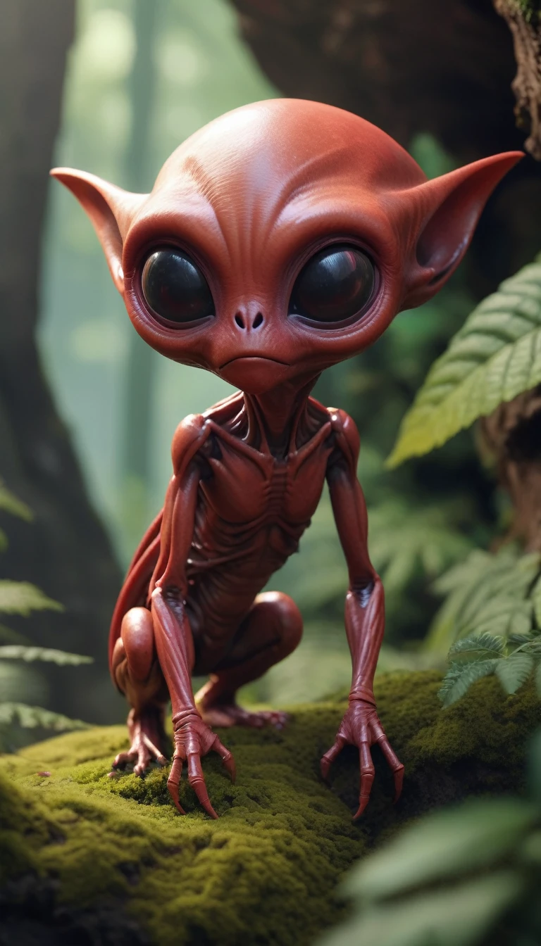 Very detailed: 1.2), (best quality: 1.2), 8k, sharp focus, (Subsurface scattering: 1.1), (Award-winning macro photography: 1.1) (Cute and cuddly alien life forms: 1.2), Hidden in the foliage of a dense forest (The clothing details are very rich: 1.2), (Very detailed background: 1.3), (Red Cliff: 1.2), (hyper-realistic: 1.2), cinematography lighting, Very detailed的方法, Smooth and sharp, author：Artgerm Wlop Greg Rutakowski, [(emb-rrf2: 1.0): 4]