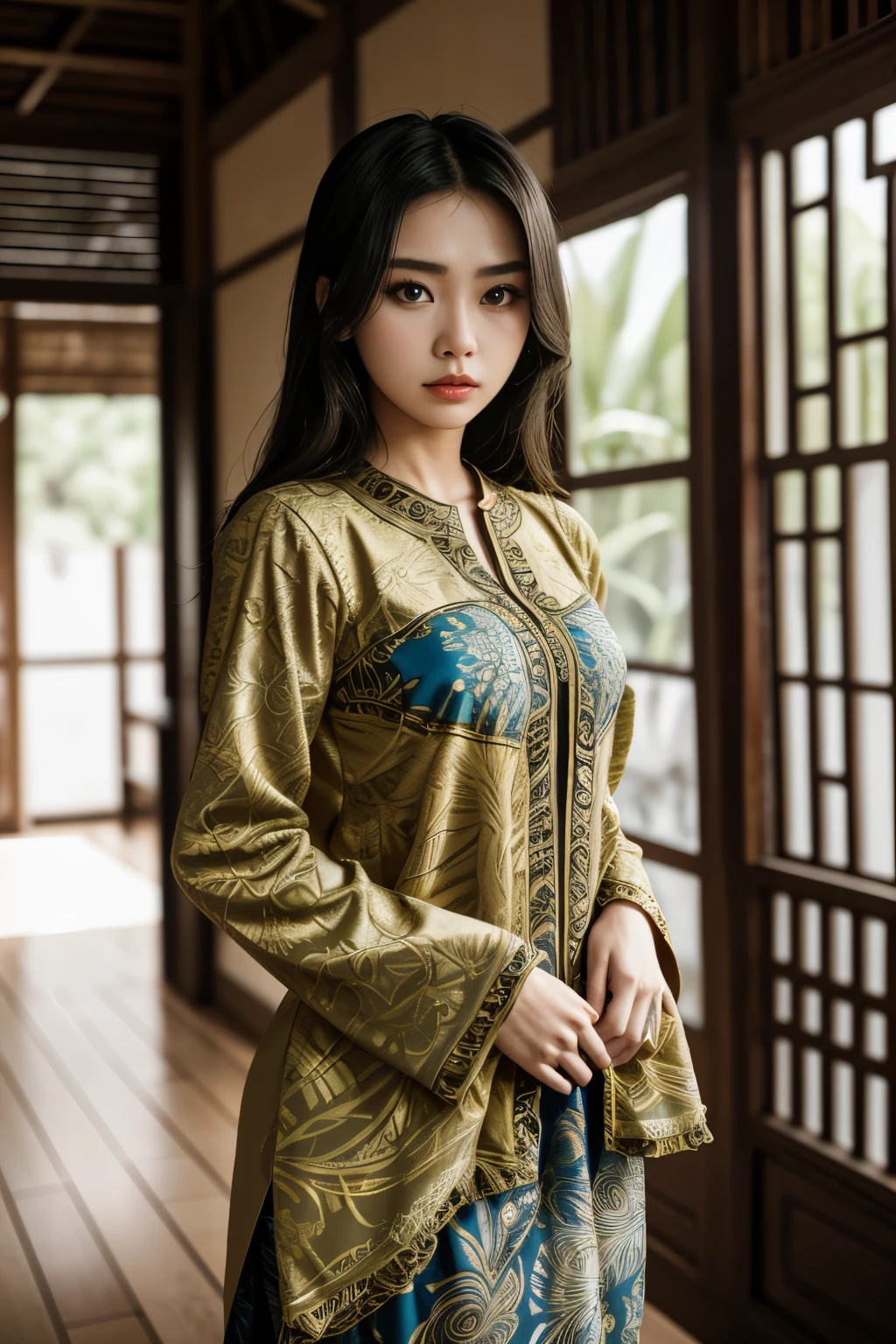 1 gadis cantik indonesia,rambut di sanggul dan ada hiasan kembang melati dan mahkota,memakai setelan kebaya adat Bali berwarna putih,rok kain batik.