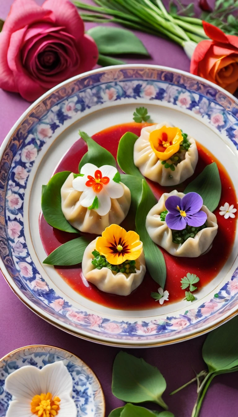 (The most exquisite,gourmet food,delicious,artistic:1.2)flower dumplings,colorful edible flowers (For example, roses,tulips and violets),handmade dough,Pork and vegetable filling,Dumplings,Served on a rose-patterned porcelain plate,Freshly picked herbs and green onions for garnish,Vibrant and appetizing presentation (artistry:1.1),Natural light emphasizes vibrant colors