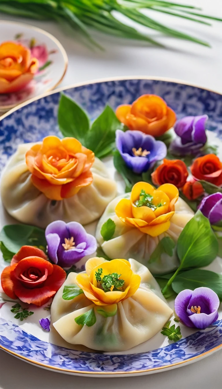 (The most exquisite,gourmet food,delicious,artistic:1.2)flower dumplings,colorful edible flowers (For example, roses,tulips and violets),handmade dough,Pork and vegetable filling,Dumplings,Served on a rose-patterned porcelain plate,Freshly picked herbs and green onions for garnish,Vibrant and appetizing presentation (artistry:1.1),Natural light emphasizes vibrant colors