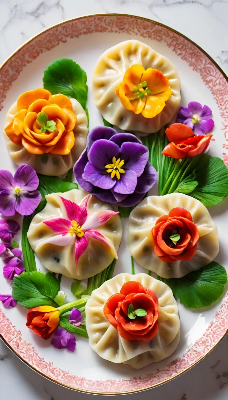 (The most exquisite,gourmet food,delicious,artistic:1.2)flower dumplings,colorful edible flowers (For example, roses,tulips and violets),handmade dough,Pork and vegetable filling,Dumplings,Served on a rose-patterned porcelain plate,Freshly picked herbs and green onions for garnish,Vibrant and appetizing presentation (artistry:1.1),Natural light emphasizes vibrant colors