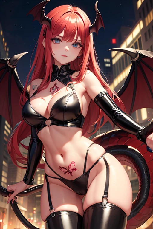 Become a,latex underwear ,Sharp claws,The tail behind is a live snake,Demon Eye Headdress,horn,Waist-length hair,Red eye,Squint your eyes slightly,There is a charming light in the eyes,Mid-chest,Hips,twin bat wings,Red eyeliner,Navel,crotch tattoo,garters,Beautiful curves,crotch tattoo,Wandering the streets at night,8k,best quality