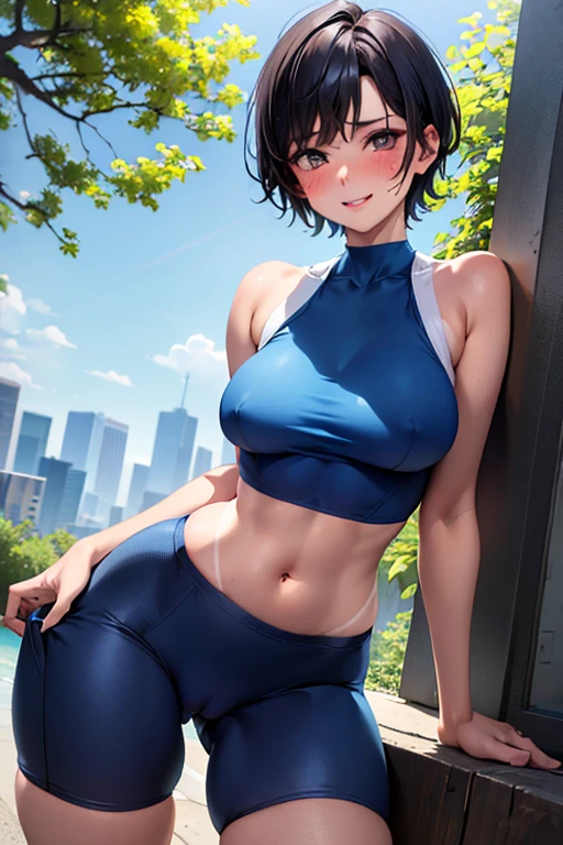 (best quality:1.1), (masterpiece:1.4), (absurdres:1.0), 1girl, very_short_hair, tomboy hairstyle, sporty hair, black hair, (medium chest), (tomboy) tanlines, looking at viewer, outdoors, (blush:1.2), city, smile, hourglass figure, nice hips, wearing tight bike-shorts, midriff, (wearing very tight tube top), bulging nipples, blue clothes, cameltoe,