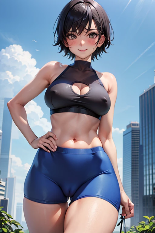 (best quality:1.1), (masterpiece:1.4), (absurdres:1.0), 1girl, very_short_hair, tomboy hairstyle, sporty hair, black hair, (medium chest), (tomboy) tanlines, looking at viewer, outdoors, (blush:1.2), city, smile, hourglass figure, nice hips, wearing tight bike-shorts, midriff, (wearing very tight tube top), bulging nipples, blue clothes, cameltoe,