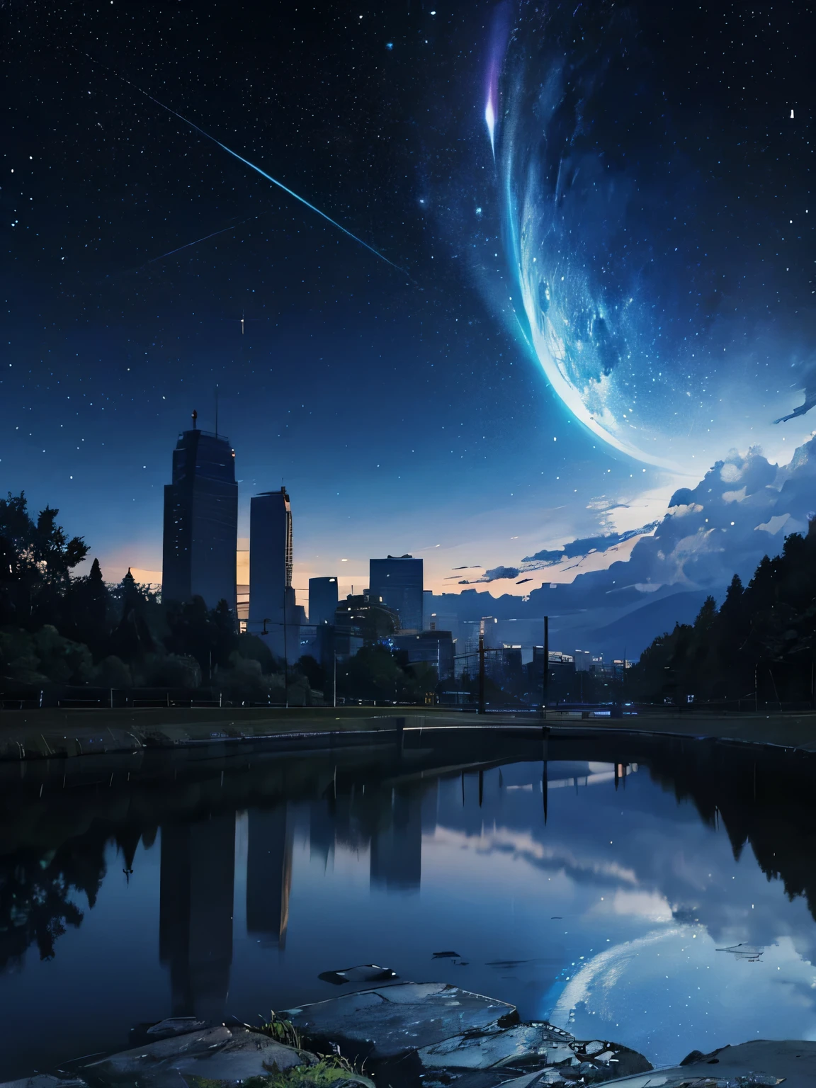 Una noche oscura y estrellada y una carretera vacia siendo levemente iluminada por los postes de Luz