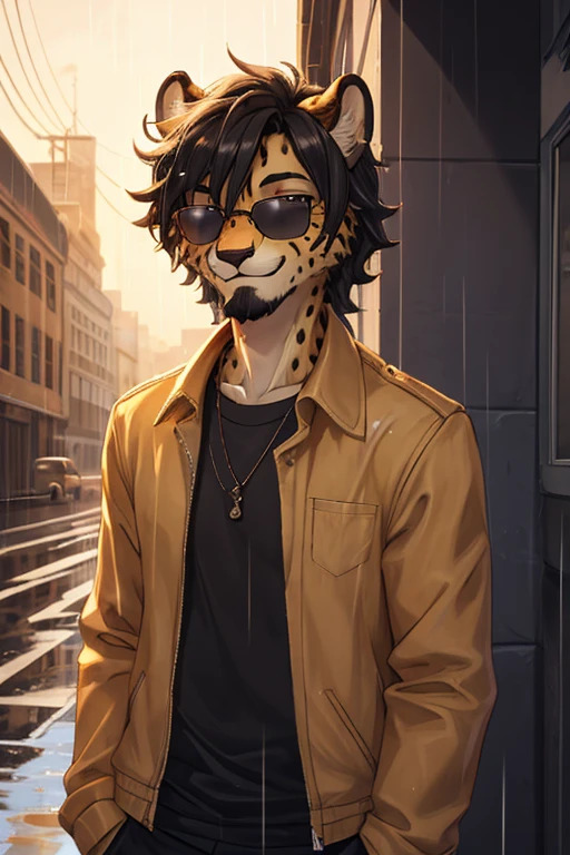 Cheetah, antro, male, solo, non-human, informal clothes, Rain, younger, 20 years old, taller, messy hair, cheetah face, slim body, cheetah tail, sun glasses, black hair, little smile, furry, beard,