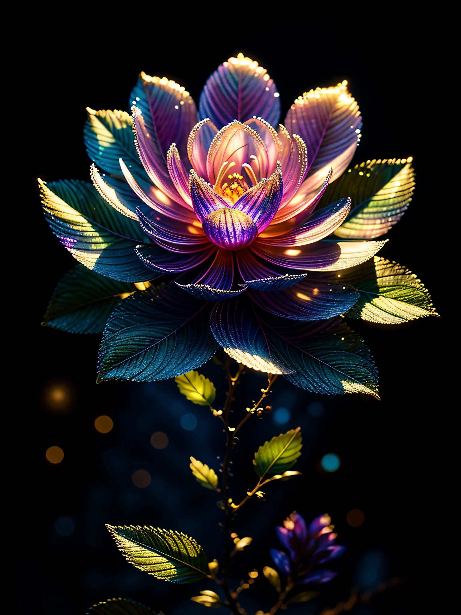 Delicate lilac branches, Ultra-transparent, holy Light, beautiful spectral Light, Petal Hair Light, Flash, Close up of a flower with a star in the background,Dark background, drops of transparent Light, reflective Light, bright, Light streaming in, Lightology, Portrait Profile, Sharp focus, magic, Wheels within wheels, Surreal, fantasy, work, Light, Trending on artstation, pearl, Silver Steam Guardian Cloud, Corrosion Envelope Ray Family, 8k, ureal ar 23v4 upLight