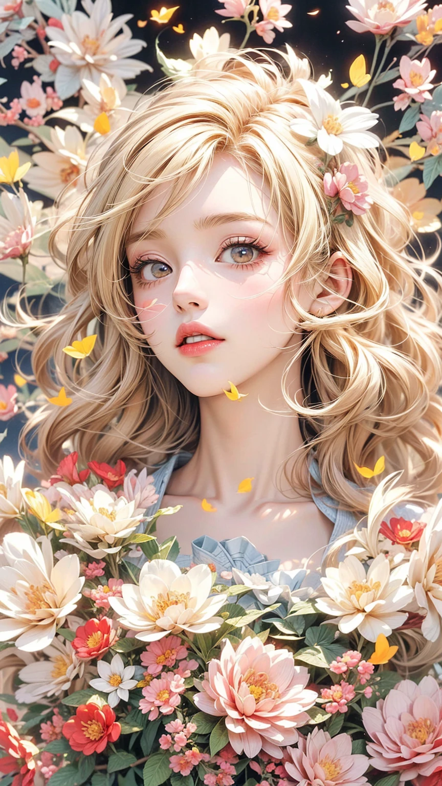 (masterpiece, High resolution, highest quality), Composition from head to thighs:1.3, Upper body focus, 20-year-old woman, Blonde Hair, Disorganized, Petal Collage, abstract design, artistic juxtapositions, mixed-media approach, Anime Style, simple lines, Digital Painting,