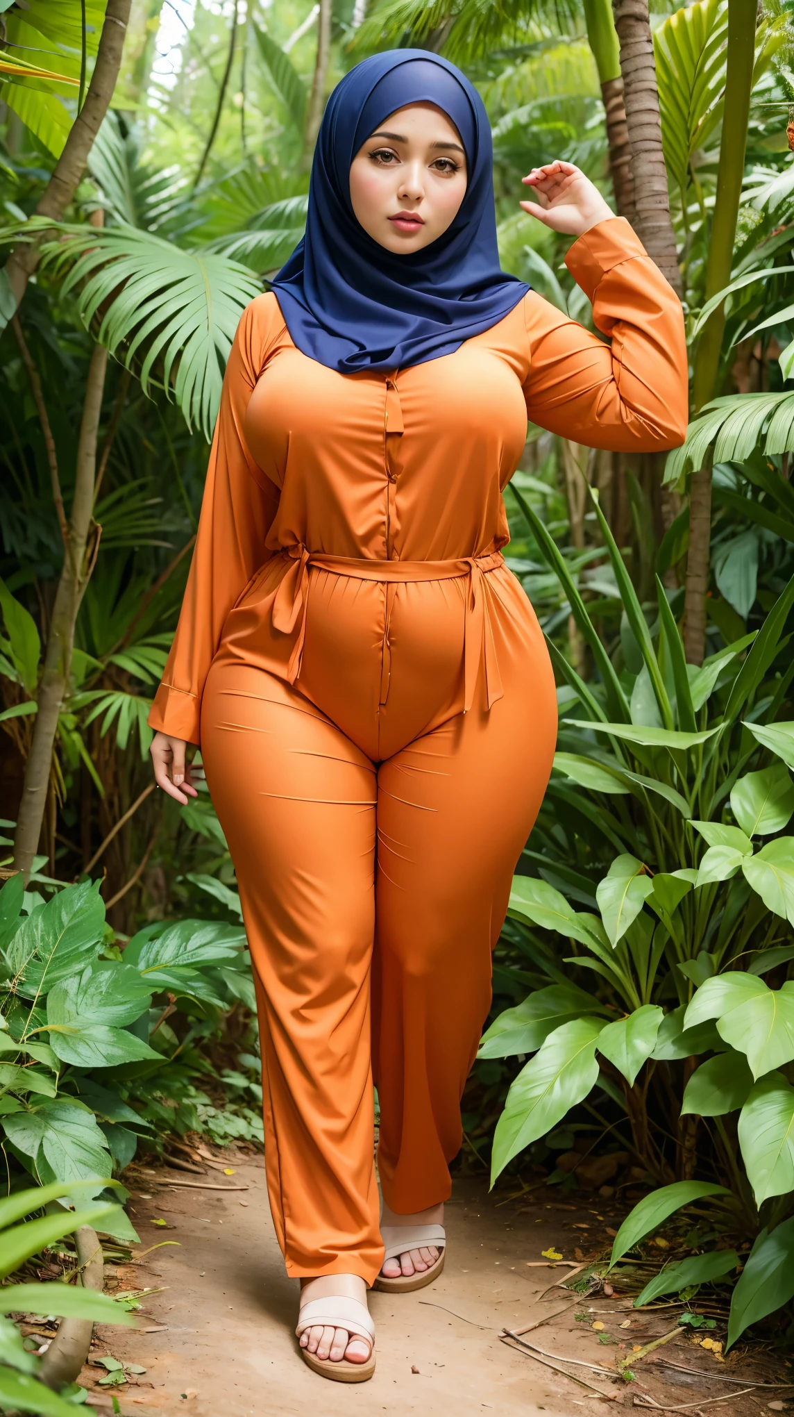 Arabic Woman in jungle, muslim, hijab, curvy body , wearing jumpsuit pajamas, beautiful woman, very detail ,pawg, long legs ,thick high, full body in camera, pawg, wearing strap wedges