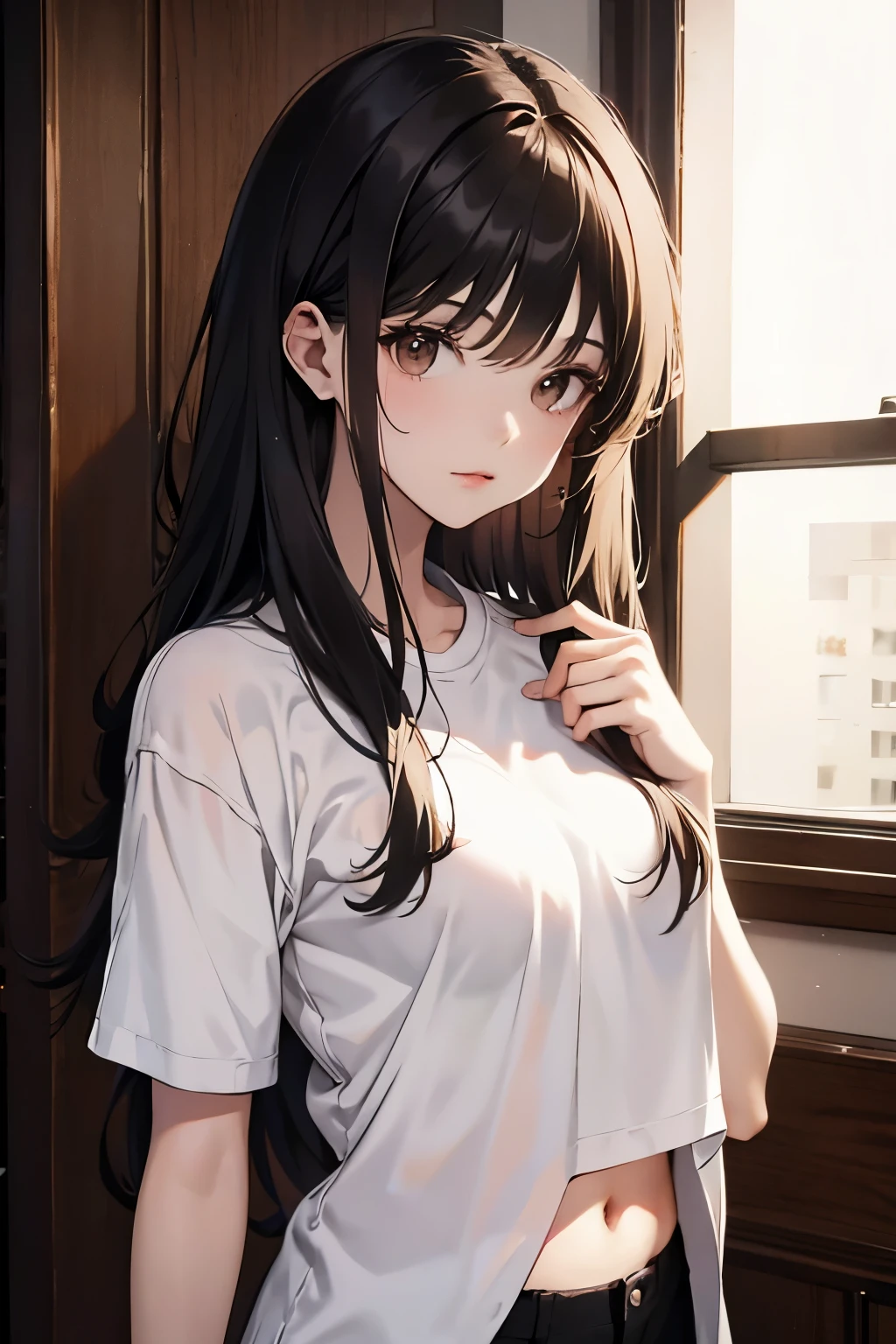 best quality, highres,Slender、Brown eyes、tall、Black Hair、(Long Hair:1.3),Straight Hair、7 life size、Belly button exposed、white short sleeve t-shirt