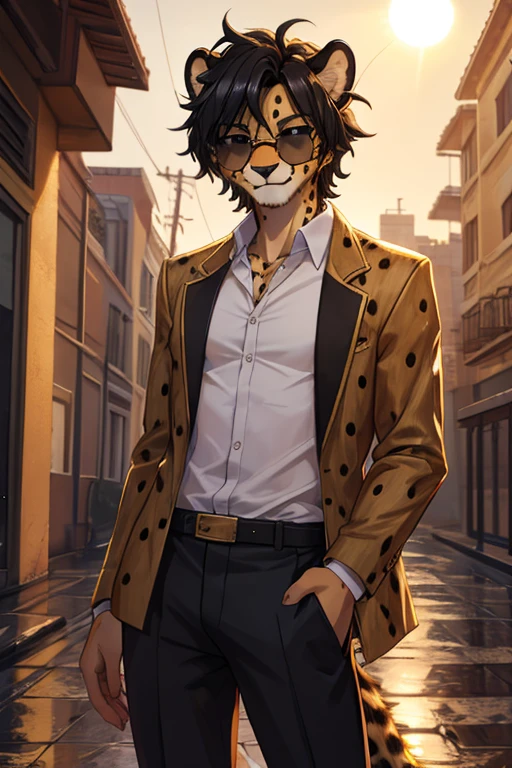 Cheetah, antro, male, solo, non-human, informal clothes, Rain, younger, 20 years old, taller, messy hair, cheetah face, slim body, cheetah tail, sun glasses, black hair, little smile, furry, jojo pose,