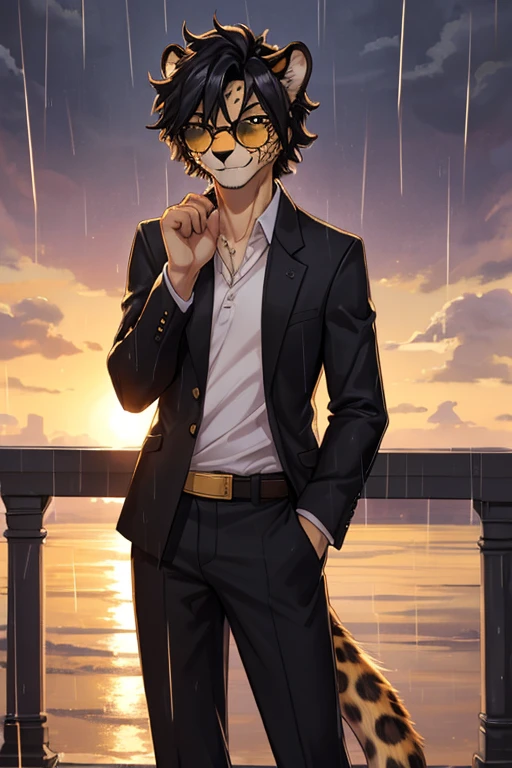 Cheetah, antro, male, solo, non-human, informal clothes, Rain, younger, 20 years old, taller, messy hair, cheetah face, slim body, cheetah tail, sun glasses, black hair, little smile, furry, jojo pose,