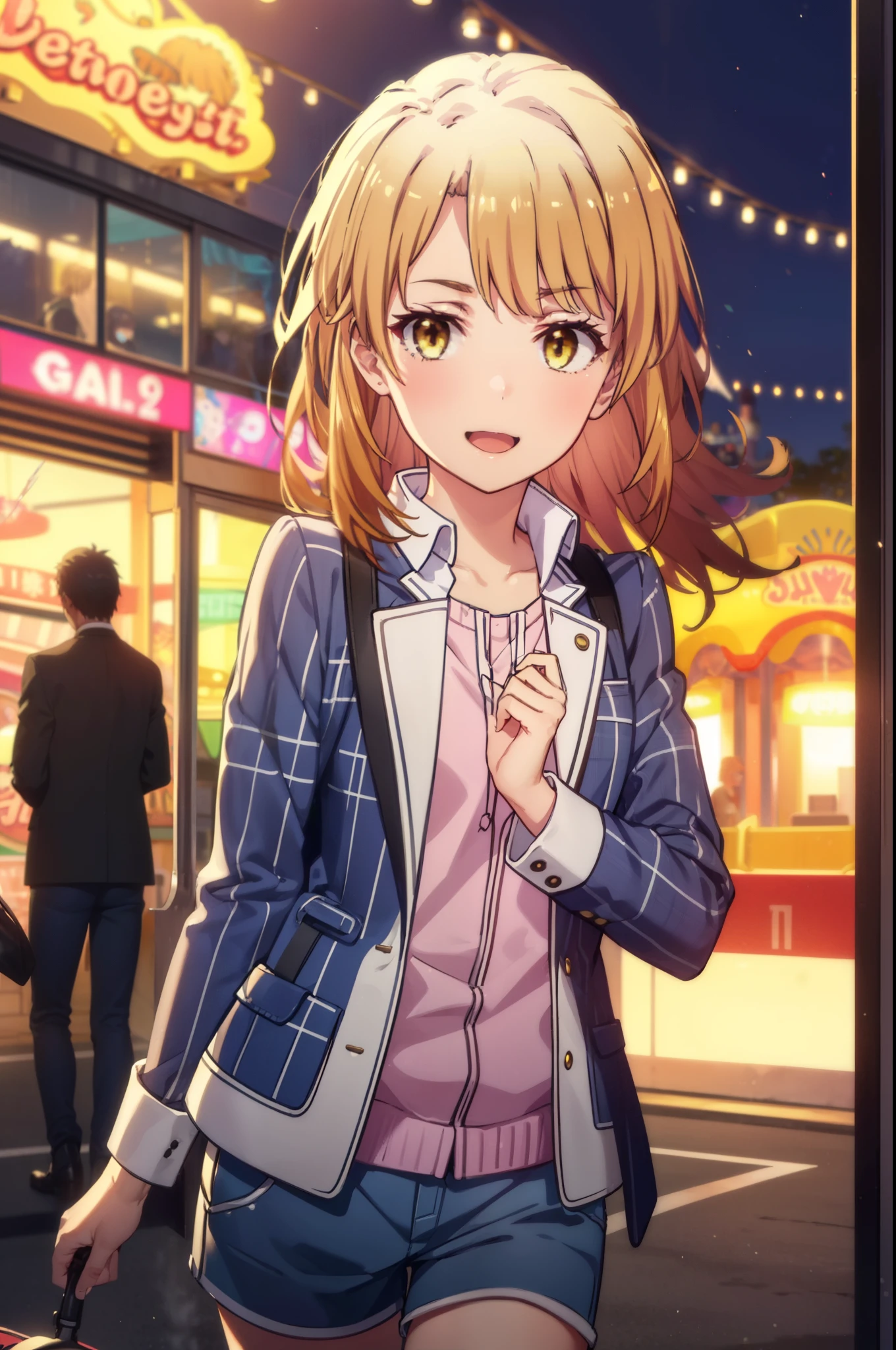 irohaisshiki, Iroha Isshiki, long hair, brown hair, (Brown eyes:1.5), happy smile, smile, Open your mouth, Oversized grey checked shirt,Shorts,short boots,amusement park, roller coaster, carousel, Bumper Car, Ferris wheel, Water Park,Clear skies,Daytime,walking,
break indoors, amusement park,
break looking at viewer, whole body,Upper Body,(Cowboy Shot:1. 5)
break (masterpiece:1.2), highest quality, High resolution, unity 8k wallpaper, (figure:0.8), (Beautiful fine details:1.6), Highly detailed face, Perfect lighting, Highly detailed CG, (Perfect hands, Perfect Anatomy),