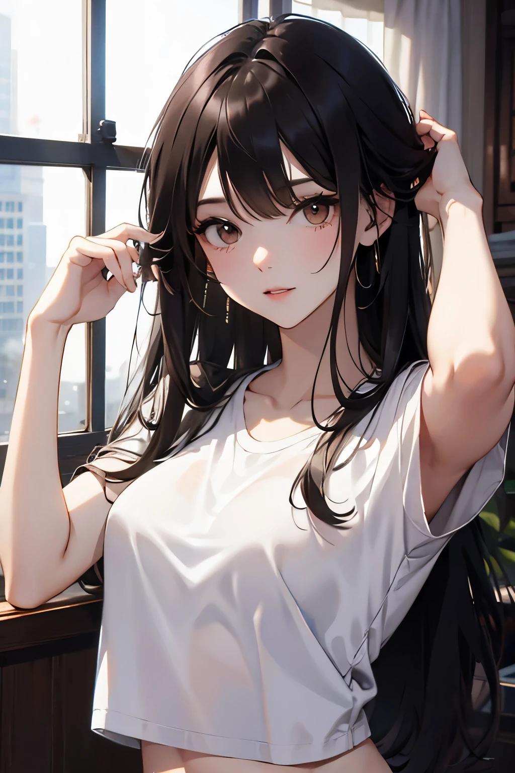 best quality, highres,Slender、Brown eyes、tall、Black Hair、(Long Hair:1.3),Straight Hair、7 life size、Belly button exposed、white short sleeve t-shirt
