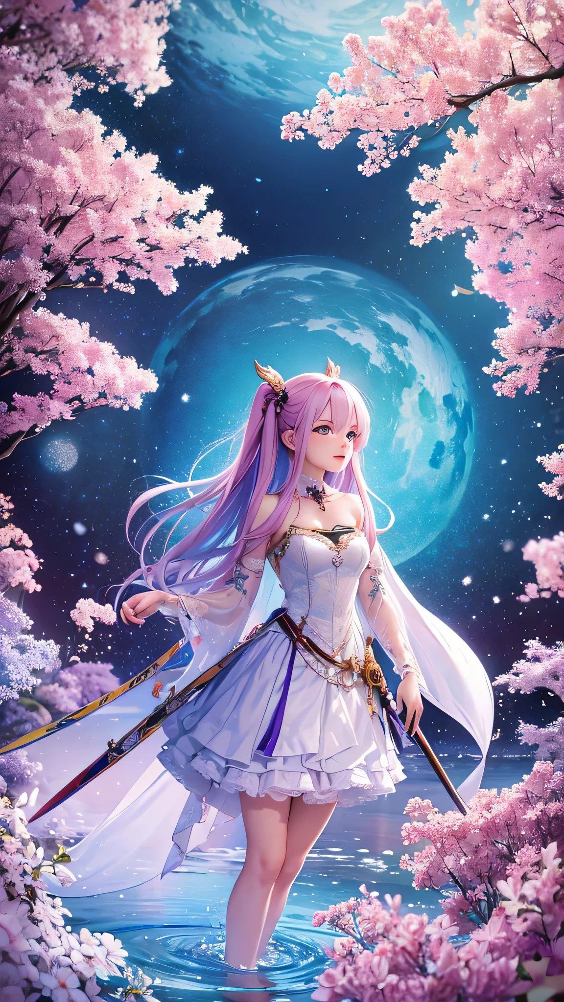 Extreme Detail, perfection, aerial photograph, Like a work of art, Anime girl with ice and snow sword, Her pink hair and long purple skirt complement each other well., Ayaka Genshin gazing into the distance, Leading to the world of Genshin.