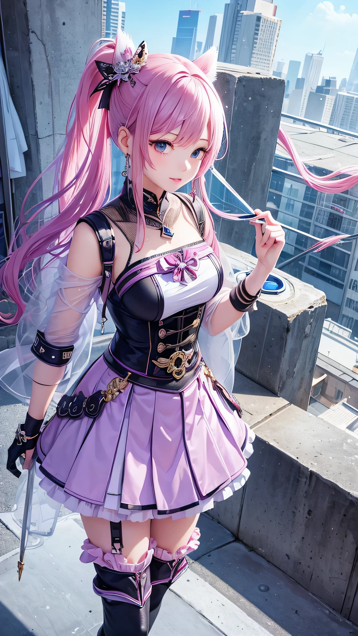 Extreme Detail, perfection, aerial photograph, Like a work of art, Anime girl with ice and snow sword, Her pink hair and long purple skirt complement each other well., Ayaka Genshin gazing into the distance, Leading to the world of Genshin.