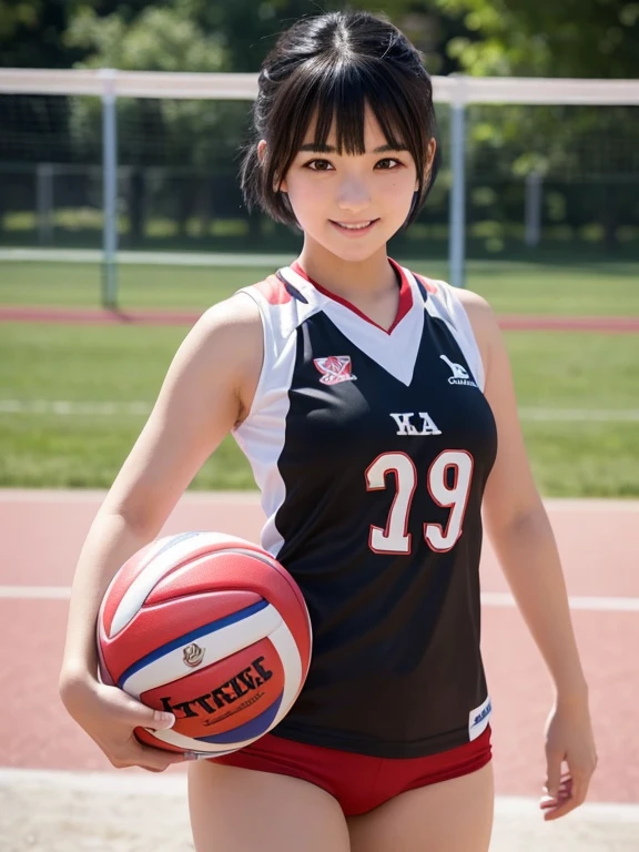 ((Whole body 1.4))((masterpiece)), ((best quality)), (ultra-detailed), ((kawaii)), cute, (lovely), realistic, real, full body, In town, daytime, a cute girl, 1girl, solo, beautiful black hair, beautiful black eyes, ((beautiful eyes)), short hair, ribon, smile,Volleyball player in red uniform,Small breasts,Are standing