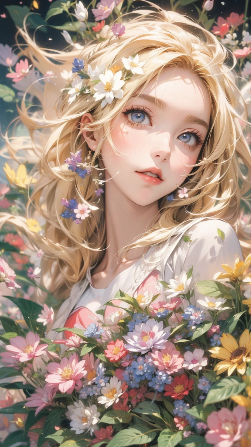 (masterpiece, High resolution, highest quality), Composition from head to thighs:1.3, Upper body focus, 20-year-old woman, Blonde Hair, Disorganized, Petal Collage, abstract design, artistic juxtapositions, mixed-media approach, Anime Style, simple lines, Digital Painting,