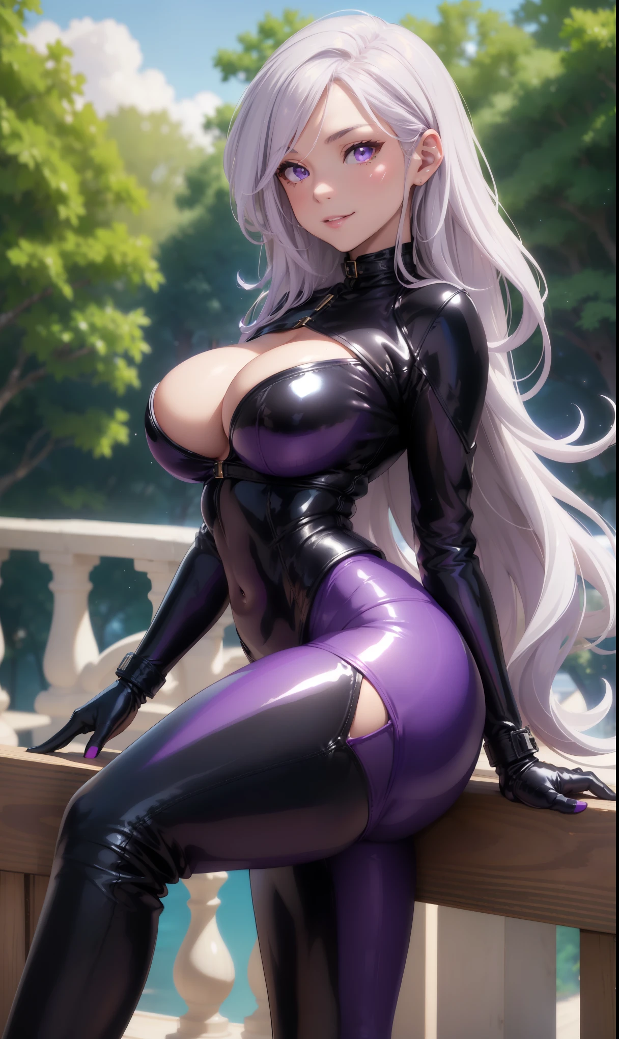 Medium breasts, 1woman, solo, (dark purple eyes, white hair, long hair), purple eyes, sparkle in the eyes, perfect eyes, wide hips and wide waist, sensual leather, black jacket, leather pants, leather pants, tight suit, shiny outfit, high heels, black high heels, cleavage, pink lips, mischievous smile (Extremely detailed, soft ambient lighting, 4k, perfect face, perfect lighting, extremely detailed, soft ambient lighting, perfect lighting), flirting with the spectator, nature, trees, bushes, blue sky, clouds, sexy pose, leaning hips, leaning on the wooden balcony, ((low view))