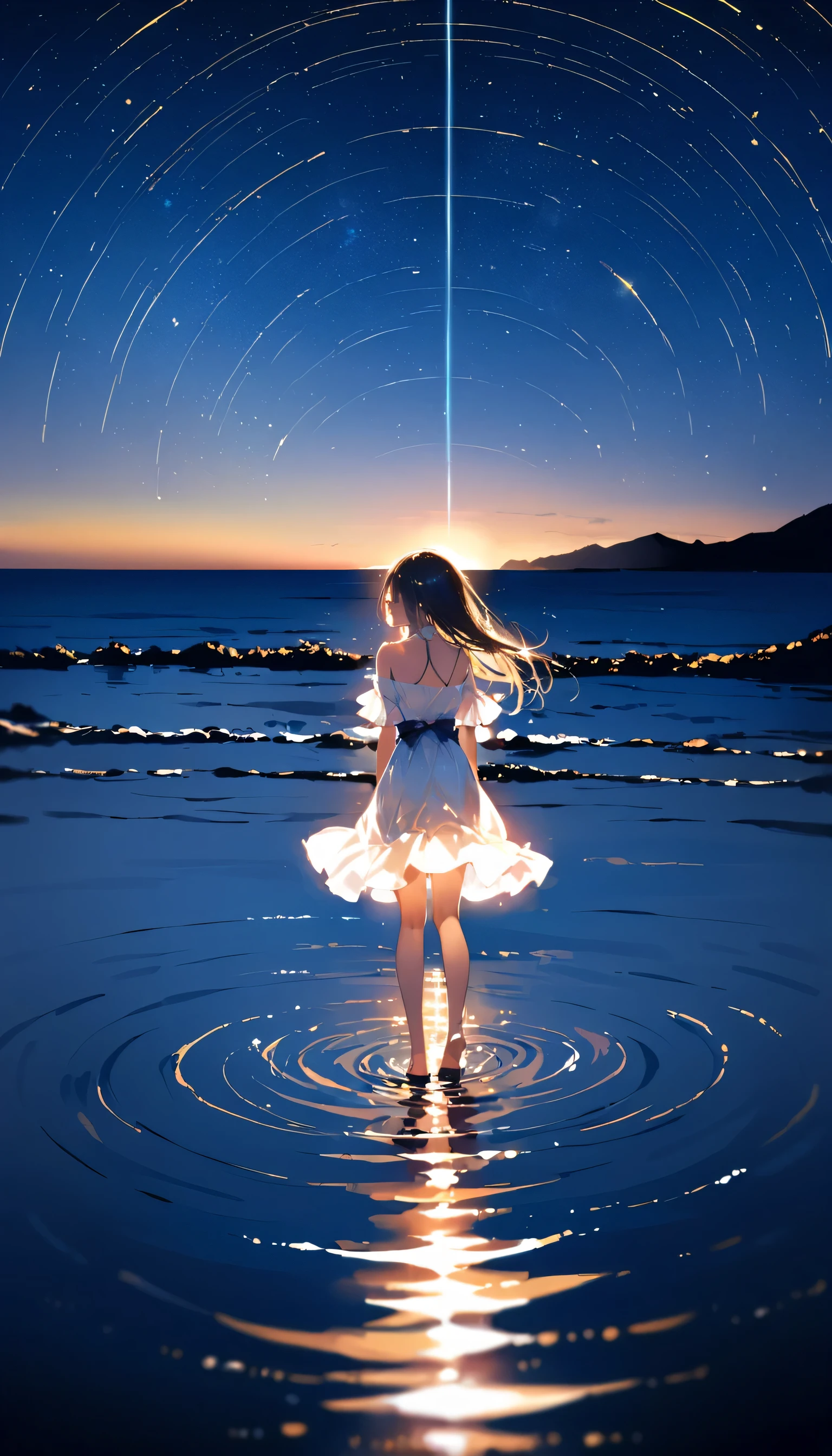 (close:1.4)、(RAW Photos:1.2)、(Realistic:1.4)、(masterpiece:1.3)、(highest quality:1.4)、Japanese Girls、(Night view:1.2)、Light clothing、pretty girl、put one foot in the sea、Standing on tiptoes、landscape、Between the horizon and the sea、Side view、Ripples spreading from the toes、Standing about 20 meters away、On the Sea、The whole scene is Shiny O&#39;s、illumination、