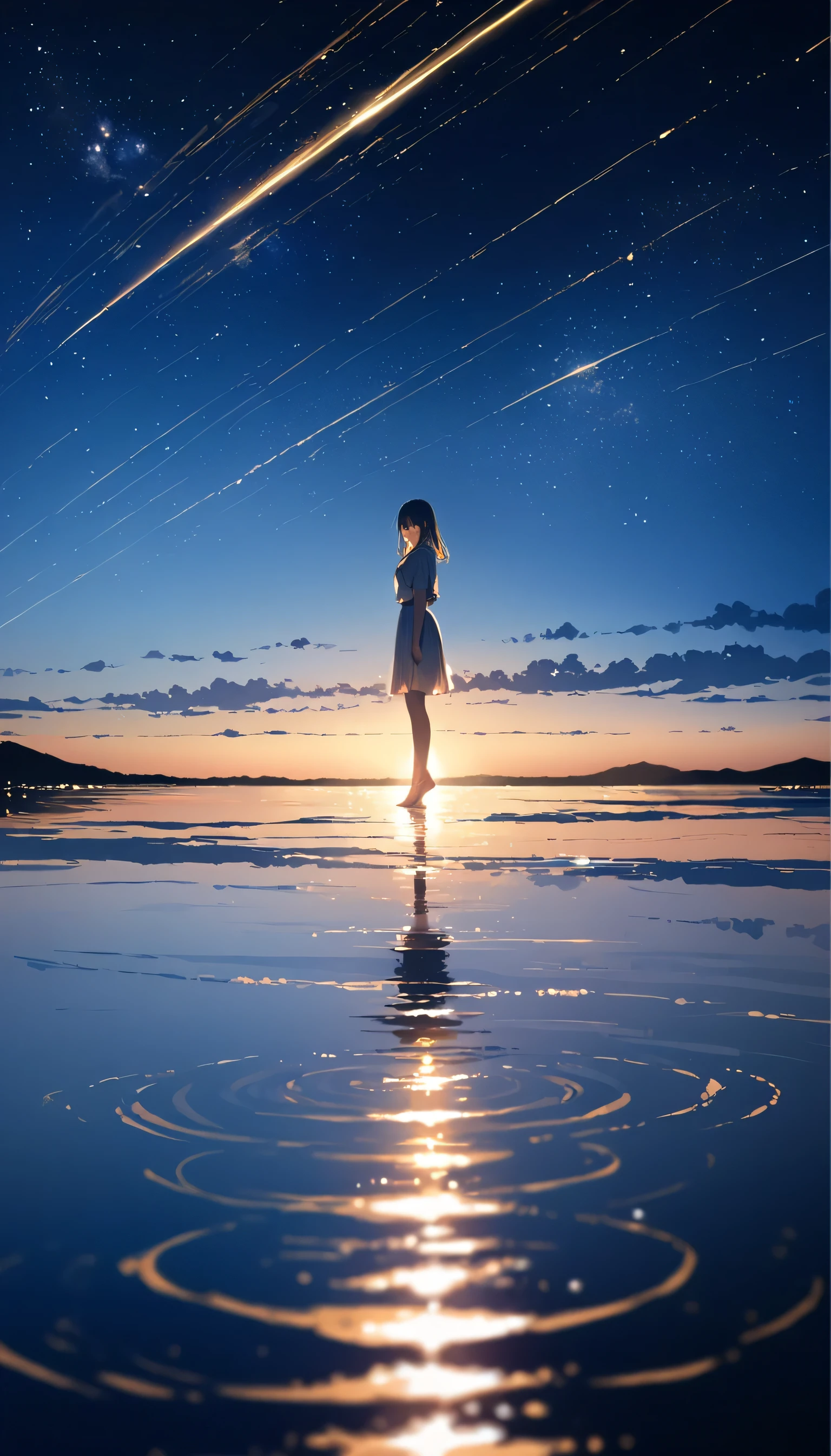 (close:1.4)、(RAW Photos:1.2)、(Realistic:1.4)、(masterpiece:1.3)、(highest quality:1.4)、Japanese Girls、(Night view:1.2)、Light clothing、pretty girl、put one foot in the sea、Standing on tiptoes、landscape、Between the horizon and the sea、Side view、Ripples spreading from the toes、Standing about 20 meters away、On the Sea、The whole scene is Shiny O's、illumination、