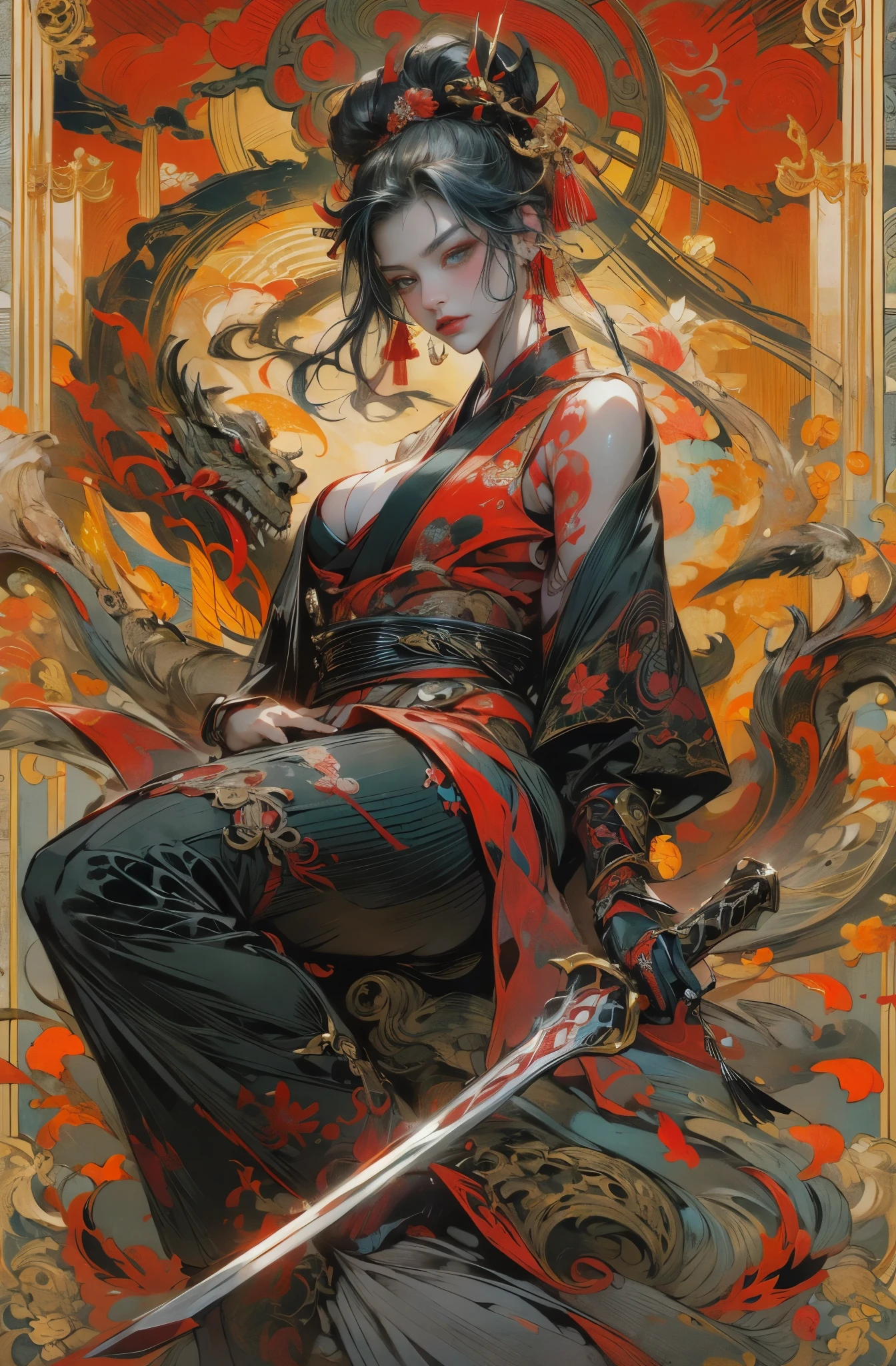 absurd, highres, ultra detailed, (ultra-detailed background, detailed background), extremely detailed, 1girl, demonic woman, red skin on arms, bouquet of black flowers, (zentangle:1.2), (geometric:1.2), colorful, full body, sexy pose, short clothes, dragon tattoo, stars, tiny thong, almost naked, muscular, perfect body, vietnamese ornaments, demon of japanese culture