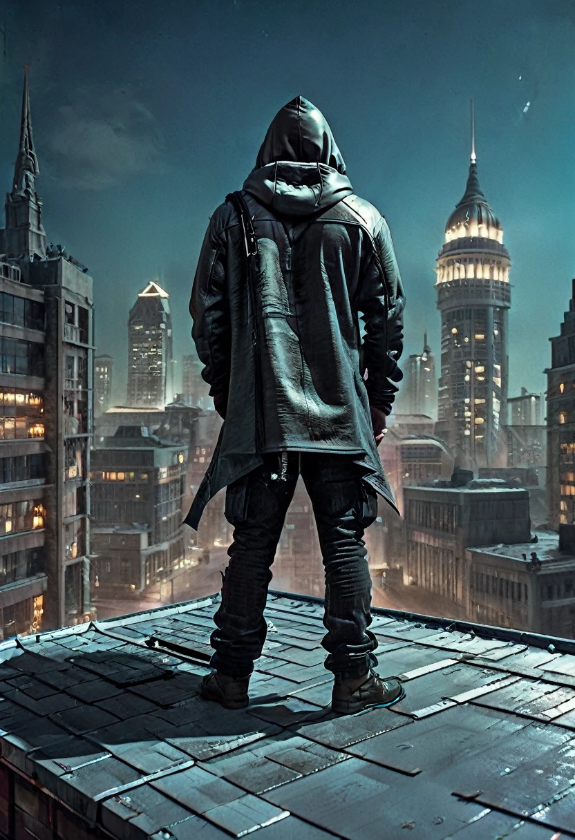 long shot, ((best quality)), ((Masterpiece)),((Person Standing on Roof with Back to Camera Wears Hood:1:5)), at night:1.4, city with illuminated skyscrapers, landscape background, )), (highly detailed body:1.3), 3D, beautiful (cyberpunk:1.3), ((with weapons in his hands) ), (((Futuristic Mad Max movie style background))), (((pink and cyan neon lights at night) )), night image, lighting of buildings and streets at night, 32K