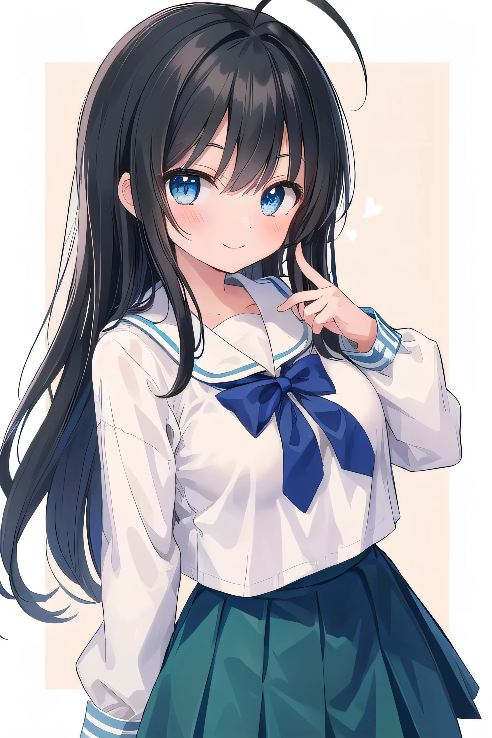 Junior high school student who looks like an elementary school student, 14 years old, very short, 140cm tall, black hair with a slight green tinge, short ahoge, beautiful long hair but with a little hair sticking out, beautiful round eyes, blue eyes, smile, boyish, long sleeves , thick clothes, skirt, big breasts, hair longer than waist, long hair, young face, dark greenish black hair, gentle smile, a little shy, skirt is black, hair is black but has a slight green tinge, boyish and gentle smile I have.show off bra
