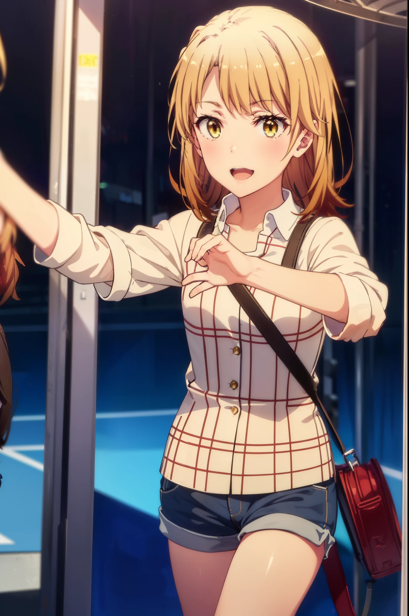 irohaisshiki, Iroha Isshiki, long hair, brown hair, (Brown eyes:1.5), happy smile, smile, Open your mouth, Oversized grey checked shirt,Shorts,short boots,amusement park, roller coaster, carousel, Bumper Car, Ferris wheel, Water Park,Clear skies,Daytime,walking,
break indoors, amusement park,
break looking at viewer, whole body,Upper Body,(Cowboy Shot:1. 5)
break (masterpiece:1.2), highest quality, High resolution, unity 8k wallpaper, (figure:0.8), (Beautiful fine details:1.6), Highly detailed face, Perfect lighting, Highly detailed CG, (Perfect hands, Perfect Anatomy),
