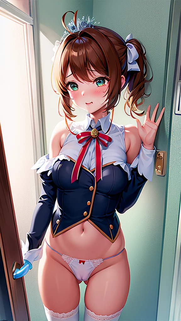masterpiece, highest quality, High resolution, kinomoto sakura, One girl, brown hair, short hair, antenna hair, Ahoge, Crown, Green Eyes, White Dress, No sleeve, White gloves,Retention Staff, smile, Open your mouth, Cowboy Shot, blue sky,Cane,A lot of semen on the faceが垂れている、A lot of semen drips onto my face、Sobbing、Crying face、Sad look、Tears flow、A lot of semen on the face、Semen dripping from her mouth、Semen dripping from my mouth、Covered in semen all over the face、Semen dripping on hair、A lot of semen on the faceが垂れている、Facial、A large amount of semen is dripping on the face、Semen was splashed on my face、Semen is ejaculated forcefully from the man's penis and splashed on the girl's face、Adult female、The exact number of fingers、Exact number of legs、Exact number of arms、bangs, Ribbon Ponytail, brown hair, (blush:1), (Put one hand in your panties:1.8), Fingering, (Pussy juice:1.2), Cum in mouth, (A woman is holding and trying to suck the penis of a man standing next to her:1.5)、white and navy idol costume、The costume comes with a navy blue idol-style corset.., The costume has a ribbon attached to its collar..、It is a costume that covers up to the shoulders., side, upper arm, and arms., That costume only opens wide at the chest..、Knee-high socks、white idol style skirt, (Underwear with elaborate and luxurious decorations:1.3), Ribbon at collar., (White and pink panties with lots of lace:1.3), White Lace Bra:1.2), Sexy Underwear, Knee socks、 Beautiful big breasts, (Erect nipples:1), Her skirt is flipped up、highest quality, High resolution, (Fine and beautiful eyes:1.6), Highly detailed face, Perfect lighting, Highly detailed CG, (Perfect hands, Perfect Anatomy),Embarrassed expression、The expression of someone who is holding back from going to the toilet, (Sexual pleasure expression:1.4), (Expressions of anguish:1.2)、close your eyes、sexy look、Look Up、mouth half open、climax、(Live Stage、Many spectators:1.3)、whole body、She is licking the penis of the man standing next to her、Giving a blowjob、Licking the penis with teary eyes