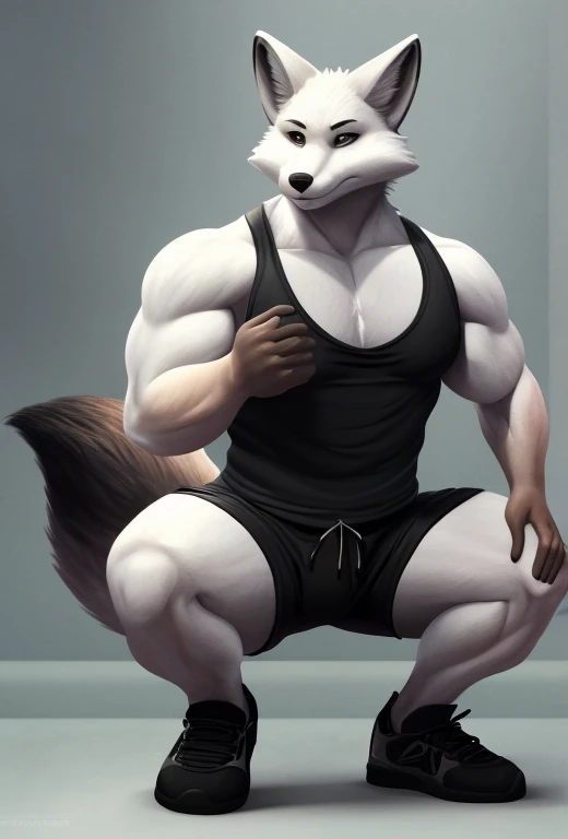 A anthropomorphic fox white fox tail, bara, (pose:1.3), (posing:1.3), (soft shading), wearing black shorts, squatting down, 4k, hi res, solo, detailed)), (full body), sidepec INFO Size 2272X4096