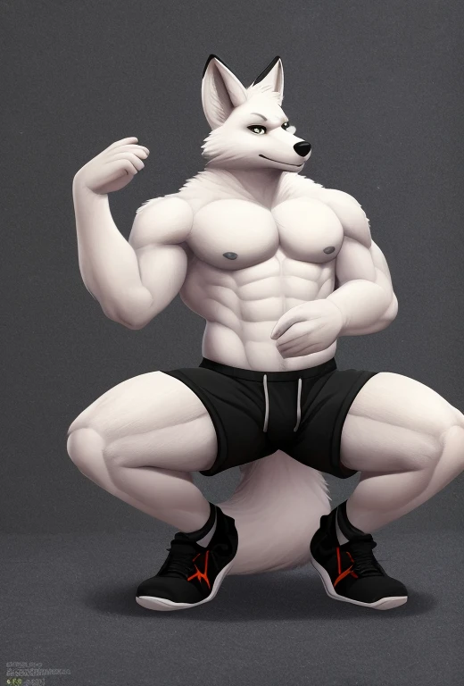 A anthropomorphic fox white fox tail, bara, (pose:1.3), (posing:1.3), (soft shading), wearing black shorts, squatting down, 4k, hi res, solo, detailed)), (full body), sidepec INFO Size 2272X4096