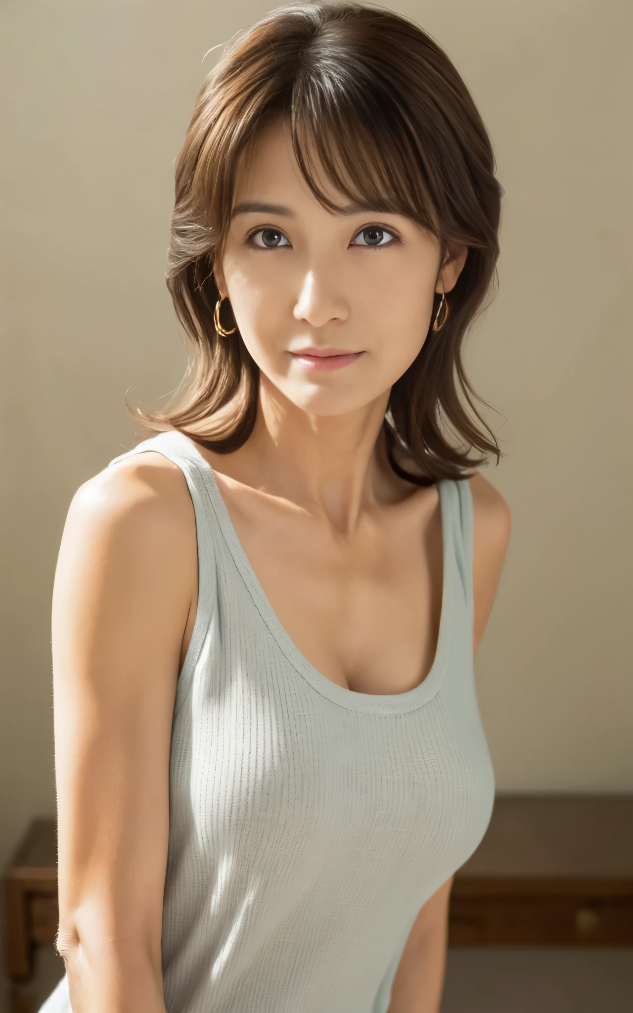 (close up:1.1, portrait), (1 Japanese mature woman), (Solo), 50 years old, ((Perfect Anatomy)),((plump)),flat-color background, gravure,((swetty tanktop)),  Best Quality, Ultra-detailed, Photorealistic, super detailed skin, ((Looking at Viewer:1.3)), Mature Actress,glamor, saggy breast:1,2, ((close your mouth)),