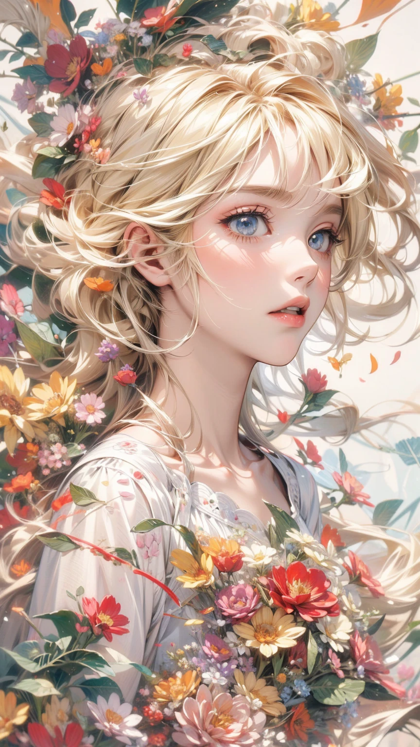 (masterpiece, High resolution, highest quality), Composition from head to thighs:1.3, Upper body focus, 20-year-old woman, Blonde Hair, Disorganized, Petal Collage, abstract design, artistic juxtapositions, mixed-media approach, Anime Style, simple lines, Digital Painting,