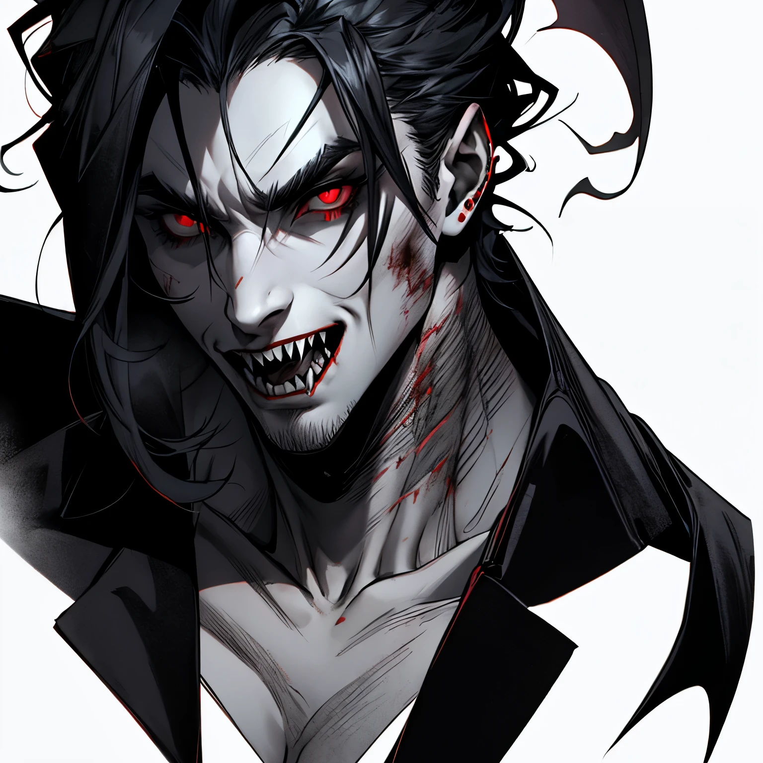 portrait of a handsome male vampire with bloody fangs, smokey dark aesthetic