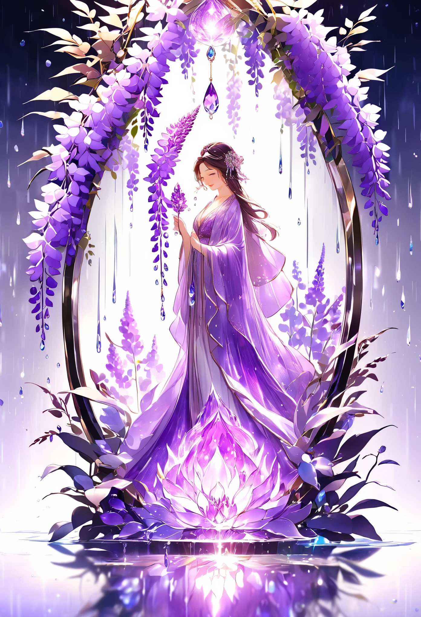 peep land、Awareness-raising、weather rain、Wisteria flower、Glowing purple flower、緑の葉のshine、Amethyst crystals、Water Drop、shine、Glitter Step Piece、highest quality、Precision drawing、Ultra high definition、A composition with depth、