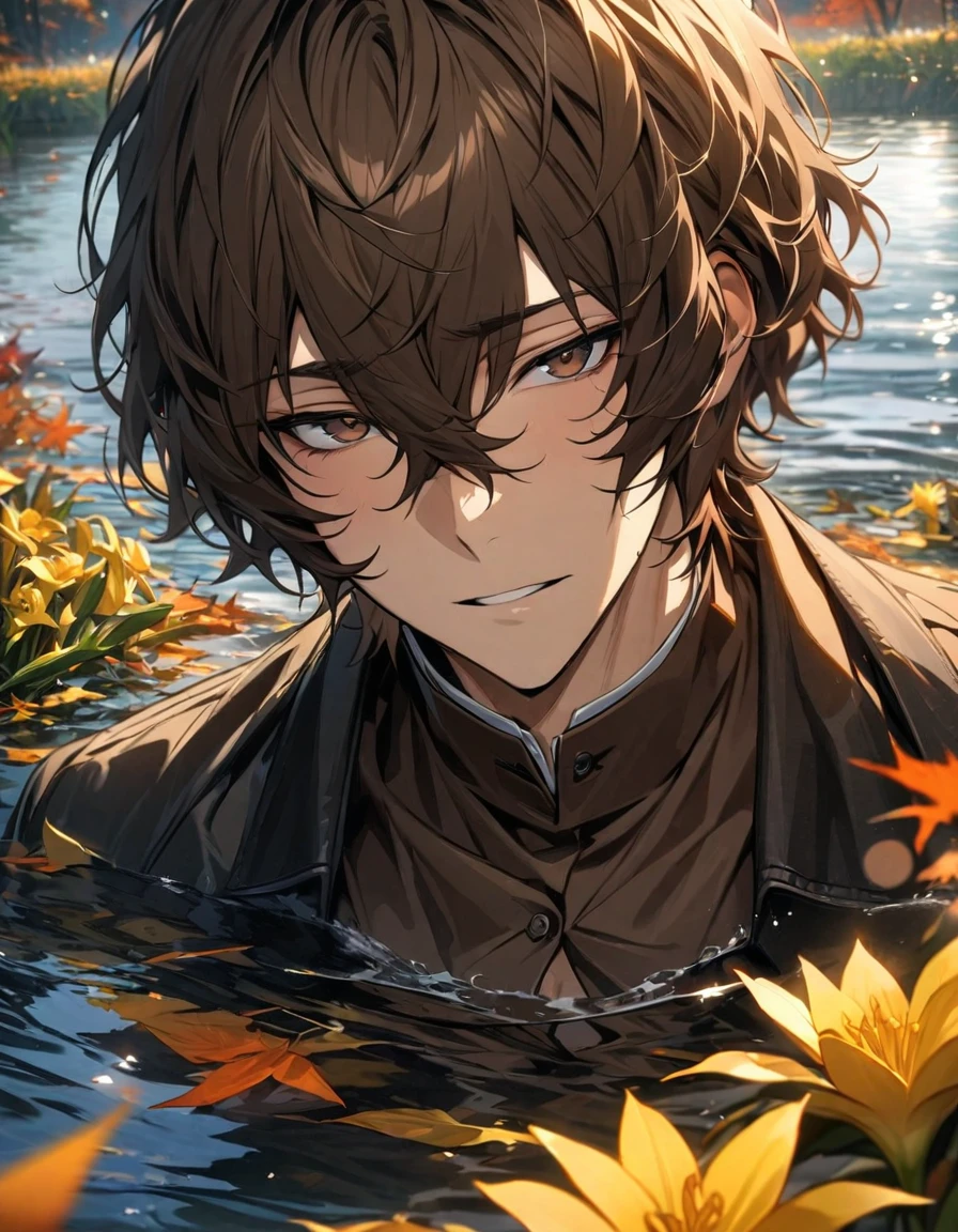 absurdres, highres, ultra detailed, HDR, master piece, best quality, extremely detailed face and eyes, Dazai Osamu, wavy brown hair, expressive brown eyes, Bungo stray dogs, solo, sexy man, extremely handsome, water, autumn, orange leaves, yellow lilies
